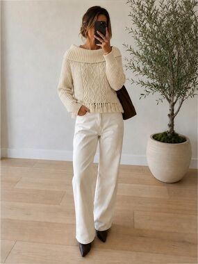 Sundance Wool Cable Knit Fringe Chunky Knit Neutral Sweater